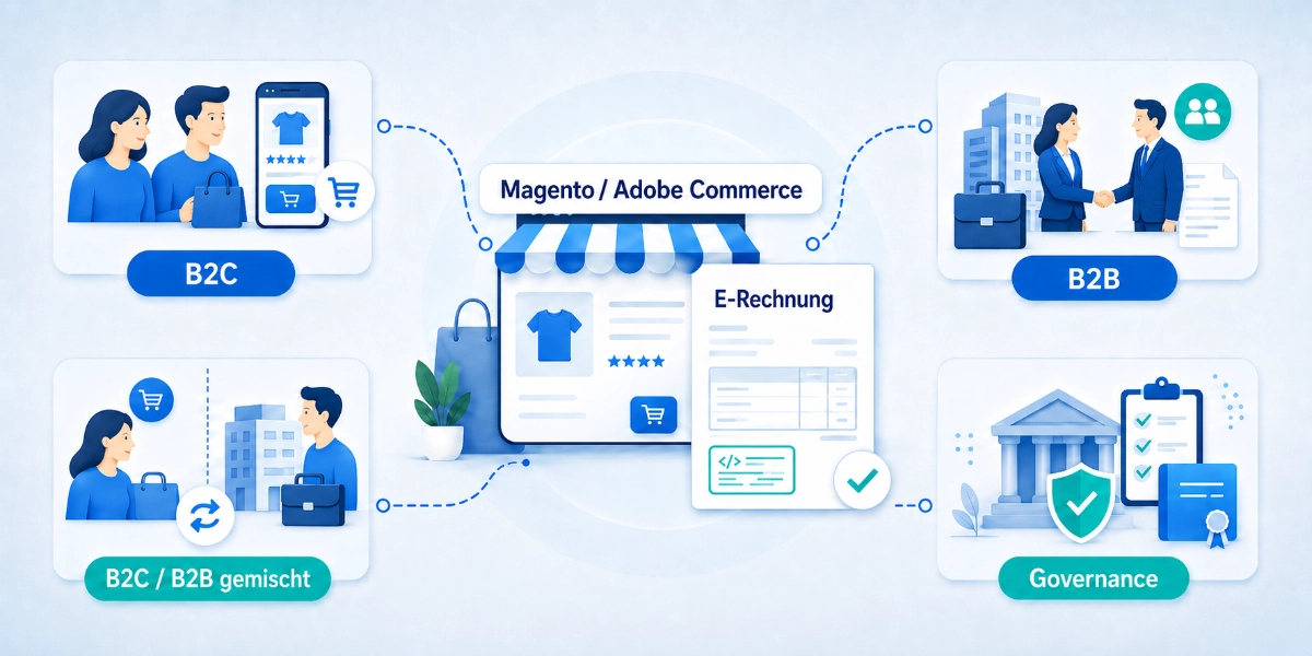 Unterschiedliche Magento Shop Varianten B2B B2C Governance und gemischte Shop