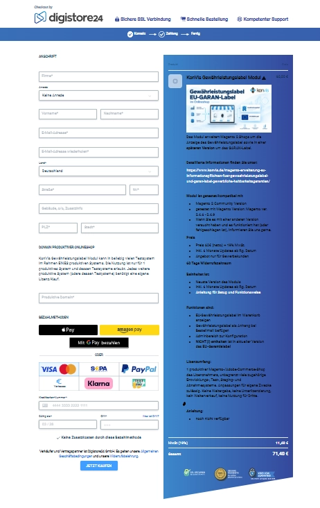 digistore24 checkout warranty label Modul