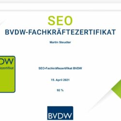 SEO BVDW-Fachkräftezertifikat bestanden – Zertifizieruung vom Bundesverband Digitale Wirtschaft (BVDW) e.V. für SEO Berater