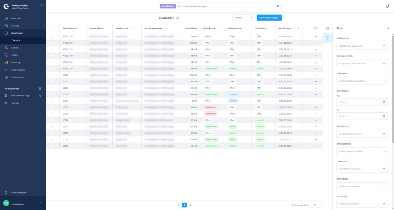 Shopware 6 - endlich mit Filterung der Bestellungen im Adminbereich ...